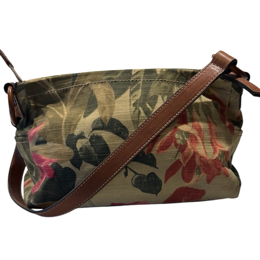 Vintage Fossel Floral Canvas Shoulder Bag w/ Brown Leather Strap & Wooden Rings